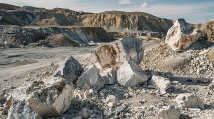 Silver mining operation shows raw ore specimens in a vast quarry, geological details captured by industrial documentary photography.