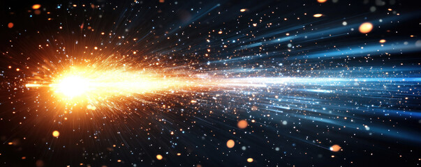 Obraz premium A bright orange and blue light shooting through a dark sky. The light is surrounded by a cloud of dust and debris