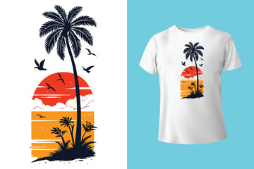 Surfing Wave Illustration with Palm Trees and Sunrise in Retro Style – Perfect for Summer Apparel