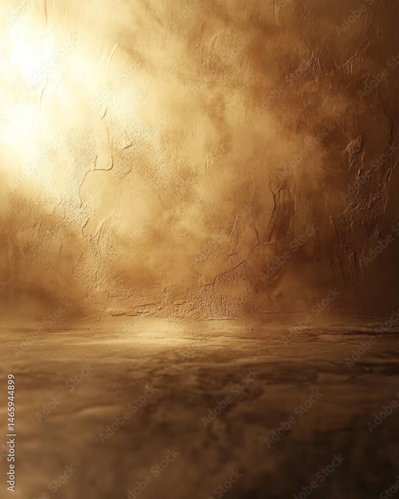 Poster a wall with a gold color and a light shining on it. the wall is empty and has a lot of texture