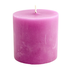 Cylindrical, purple candle with a flame