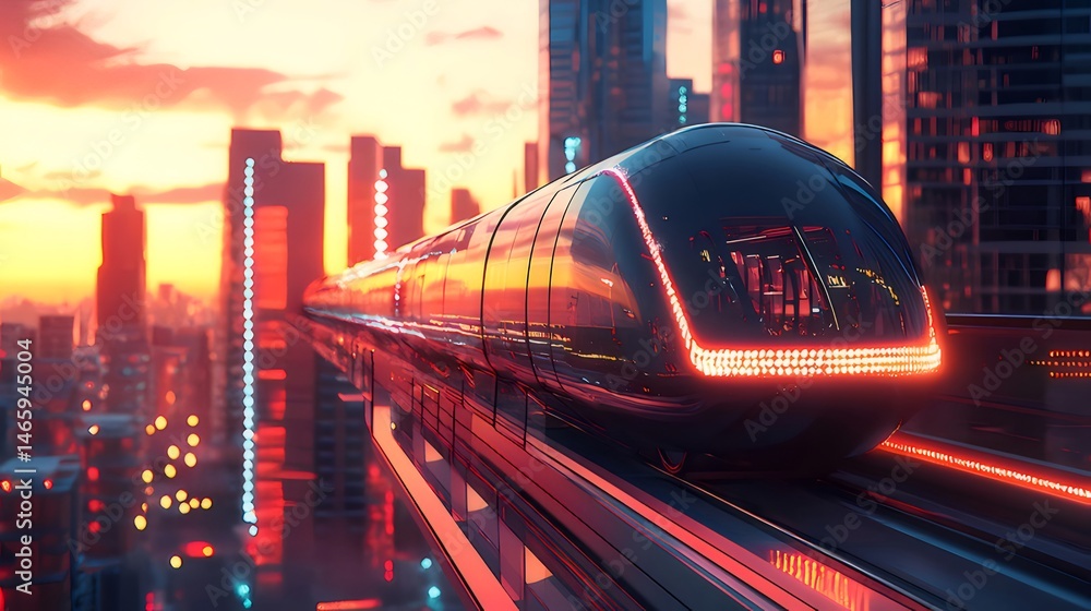 Poster 夕暮れの都市景観を走る未来的な高速鉄道 高層ビル群とオレンジ色の空を背景に近代的な都市インフラが輝く