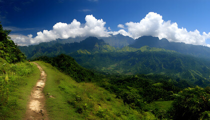 Fototapeta premium Serene mountain trail winding through lush green valley, scenic landscape under vibrant blue sky with fluffy clouds.