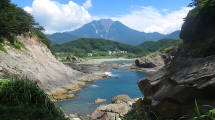 Naklejka premium Scenic Coastal View Mountain Landscape Cove Ocean Rocks