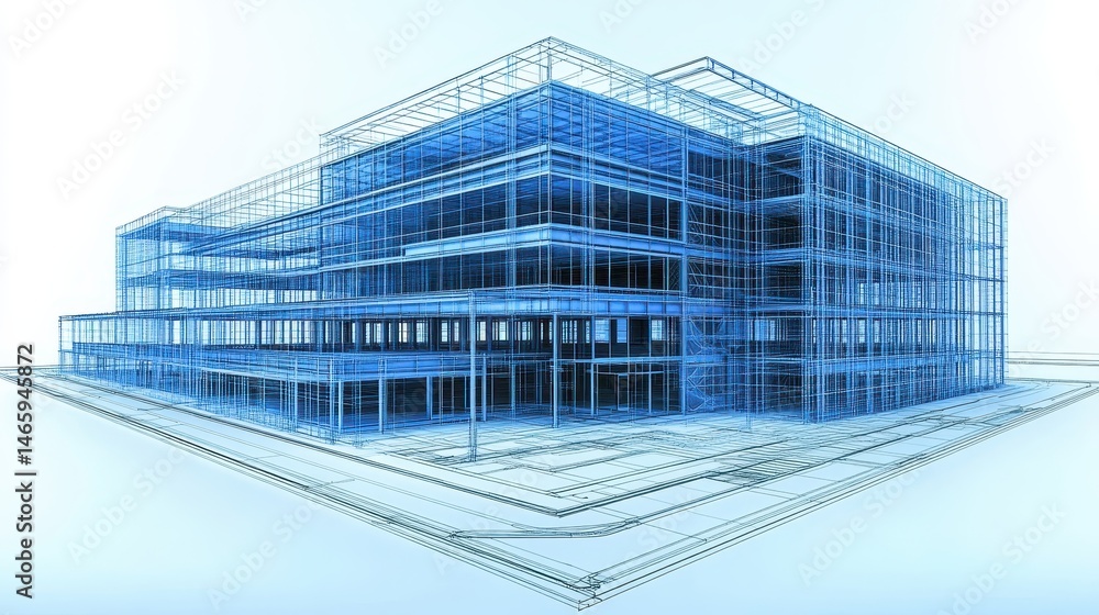 Poster futuristic building blueprint digital visualization engineering