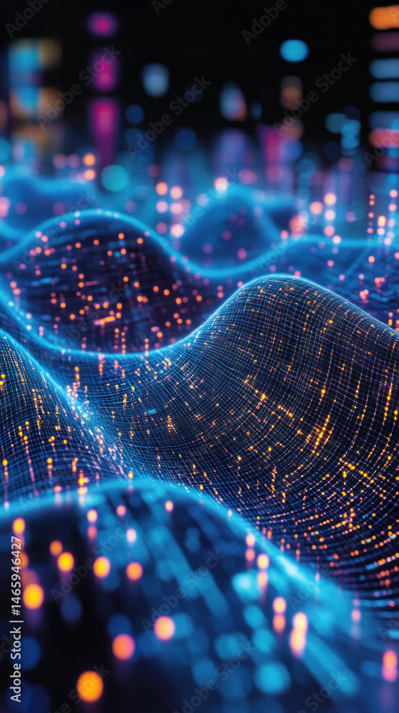 Poster a computer generated image of a wave with a blue background. the wave is made up of many small dots,