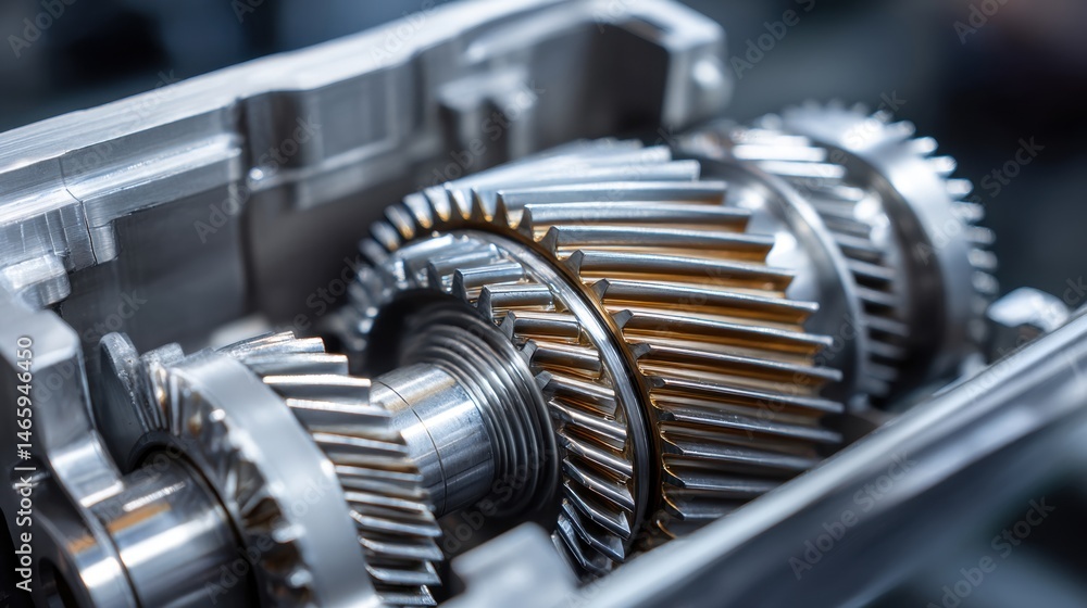 Poster close-up of metallic gears showcasing intricate details and mechanical design, emphasizing precision