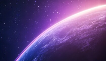 Fototapeta premium A vibrant, cosmic view of a planet's horizon, bathed in purple and pink hues, with a backdrop of distant stars