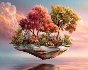 A magical floating city rises among the clouds A vibrant floating island showcasing diverse trees and colorful flowers against a tranquil sky, symbolizing nature's beauty.