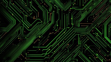Abstract Green Circuit Board Design Featuring Intricate Lines and Patterns on a Dark Background, Symbolizing Technology and Digital Connections