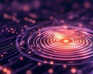 Obraz premium Abstract digital artwork featuring concentric glowing circles overlaid on a circuit board pattern, creating a futuristic, technological aesthetic
