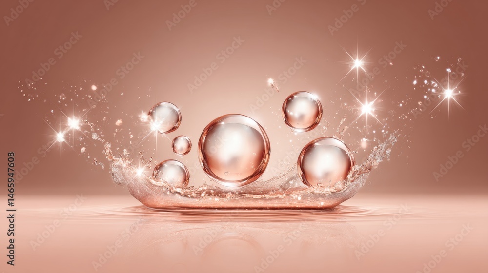 Poster elegant water splash with bubbles and sparkling reflections on a soft, neutral background.