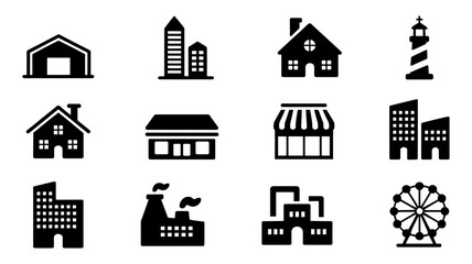 Fototapeta premium Collection of Commercial and Residential Building Silhouette Icons in Black Vector Style