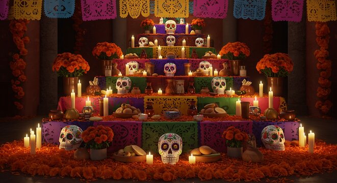 Day of the Dead Altar with Sugar Skulls and Candles