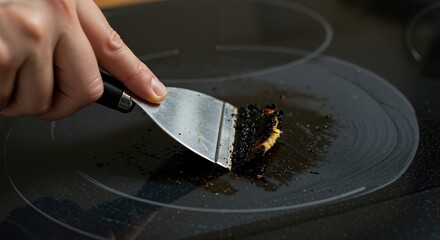 Fototapeta premium Close-up view of a hand using a metal spatula to scrape stubborn burnt food residue off a black induction stove top surface