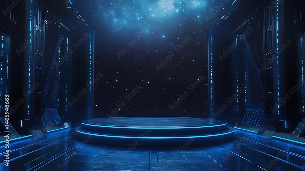 Poster 未来的な青色の背景 宇宙空間の星空とネオンライトが輝くステージプラットフォーム 技術的な建築デザインと抽象的な幾何学模様