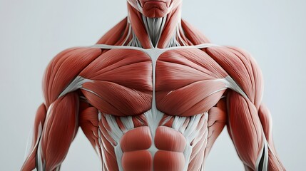 Muscular System of the Upper Body: A focus on the muscular system of the upper body, showing the chest, shoulder, and arm muscles in high detail.
