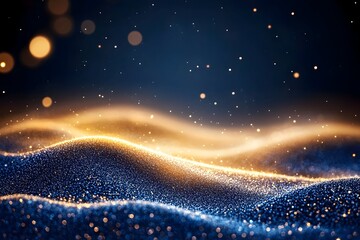 Obraz premium Glittering, undulating landscape of blue and gold particles under a dark, starry sky