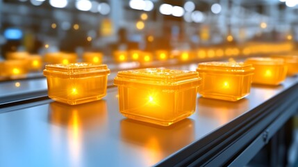 Glowing amber containers move along a metallic conveyor belt in a factory setting.  The scene is brightly lit, highlighting the smooth surfaces and precise movement