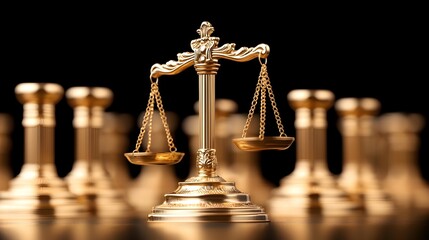 Golden scales of justice stand before blurred chess pieces, symbolizing legal strategy and balance in competition