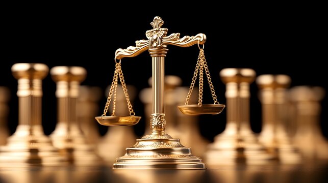 Golden scales of justice stand before blurred chess pieces, symbolizing legal strategy and balance in competition