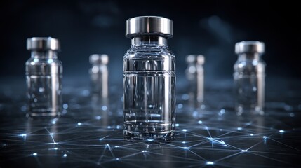 Vials with a sleek design are arranged against a dark, tech-inspired background, creating a futuristic atmosphere.