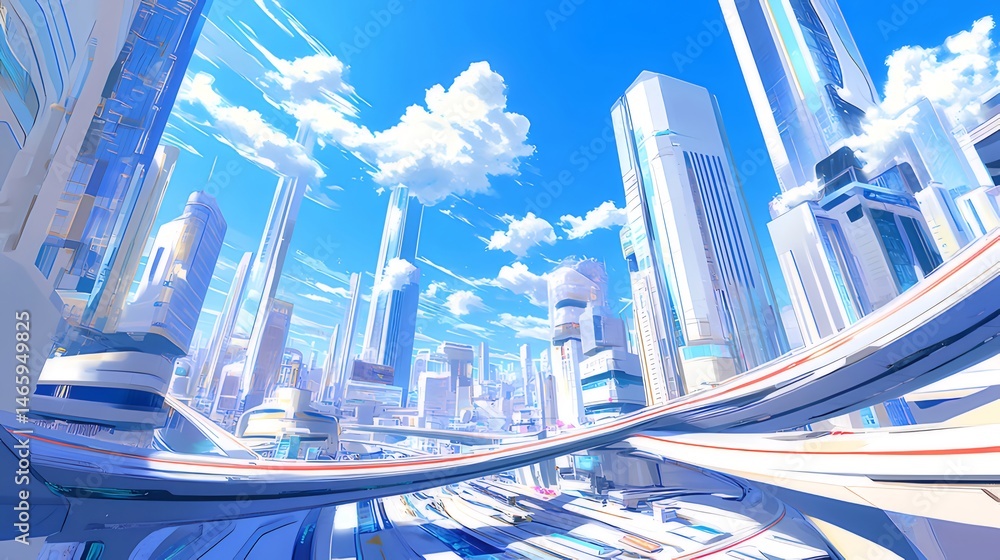 Aufkleber 晴れた日の青と白の未来都市のパノラマ風景と高層ビル群の抽象デジタルアートワーク
