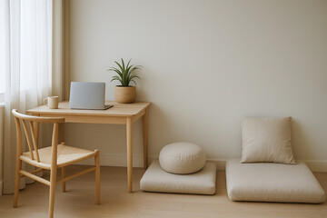 Work-life balance lifestyle concept. Cozy workspace with minimalist decor and natural light.