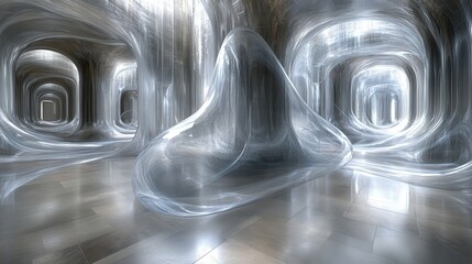 Futuristic iridescent corridor with ethereal glow and reflective