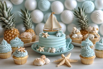 Nautical themed birthday cake with cupcakes and pineapples for a summer celebration party.