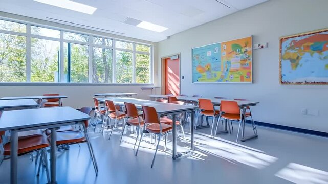 Sunlit Classroom with Orange Chairs and Light Gray Floors Large Windows and Colorful Wall Charts Create a Welcoming