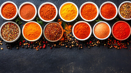 Vibrant assortment of spices in bowls, arranged on a dark background, perfect for culinary or food blogs, restaurant menus, and cookbook illustrations.