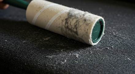 A lint roller covered in debris is used to clean lint and hair from a dark fabric surface