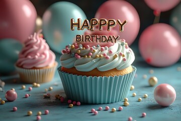 Festive birthday cupcake with happy birthday text amidst balloons and colorful sprinkles celebration