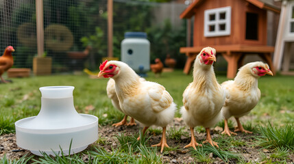 Fototapeta premium Shallow focus of young bantam hens seen on a purpose built poultry enclosure in a back garden in the UK. Seen near a drinker and elevated chicken house.