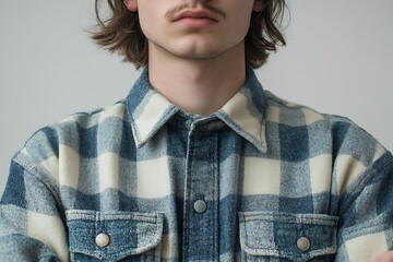 Close-up of a person's upper body in a blue and white checked shirt