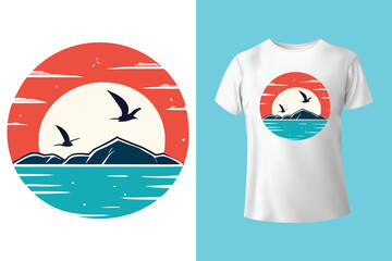 Retro Summer T-Shirt Design with Surfer, Palm Trees and Sunset Typography - Enjoy the Summer