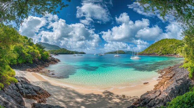 Pristine tropical bay with crystal clear water, lush foliage, and secluded beach