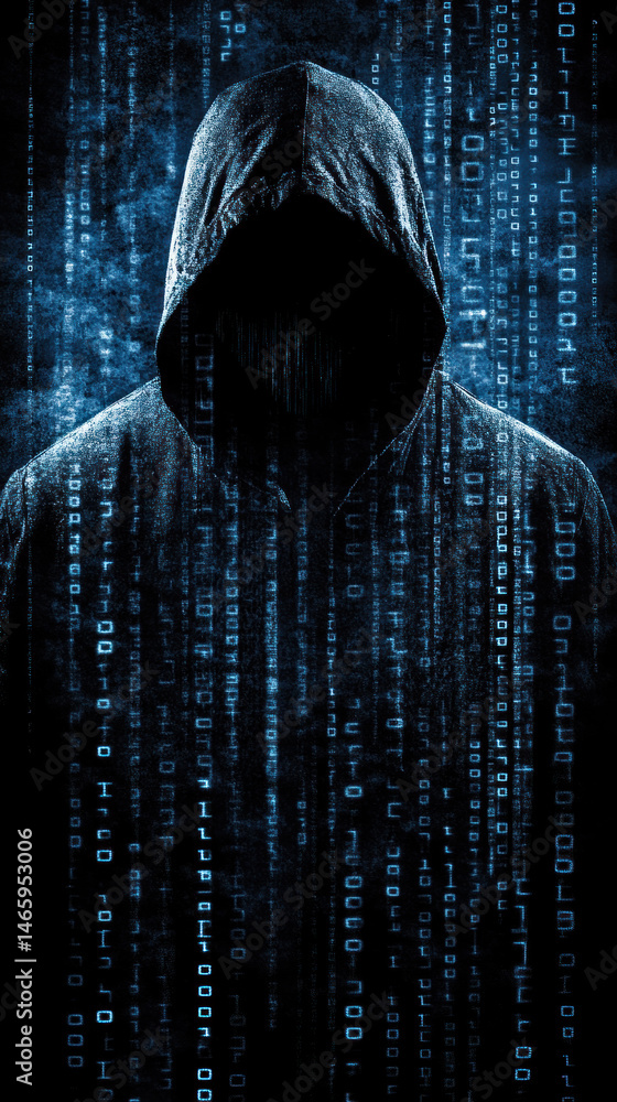 Poster a hooded figure is standing in front of a series of numbers. concept of mystery and intrigue, as the