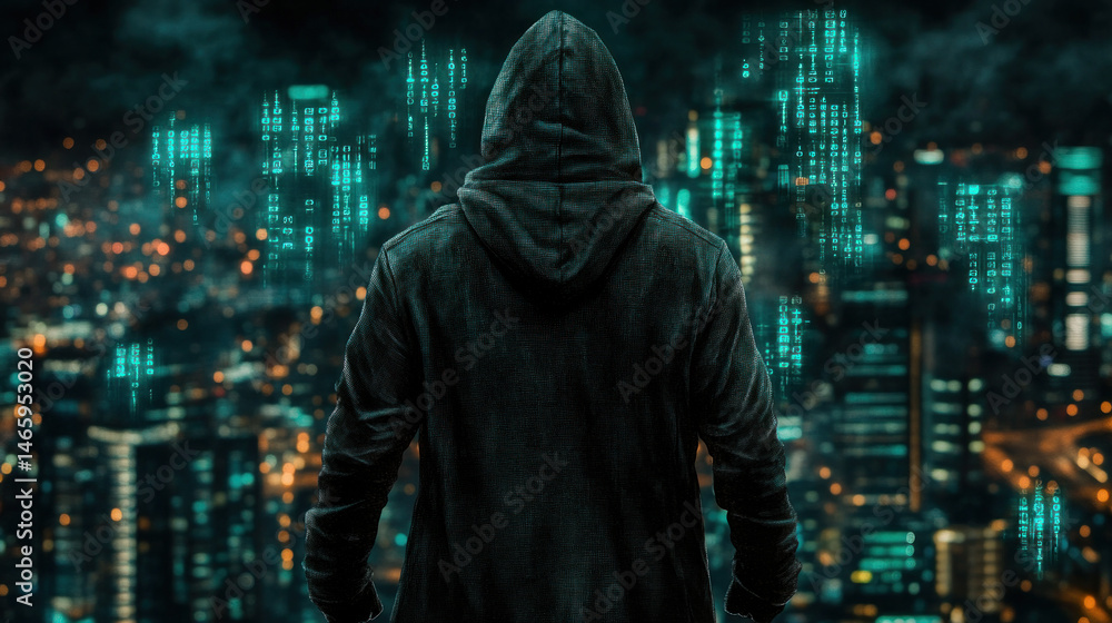 Poster a man in a hoodie stands in front of a cityscape with a computer screen behind him. concept of anony