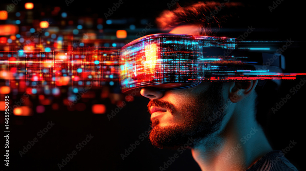 Poster a man wearing a virtual reality headset is looking at a screen with a lot of colorful patterns. conc