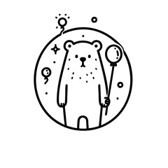 Single Bear with Balloon  Cute Line Art Illustration