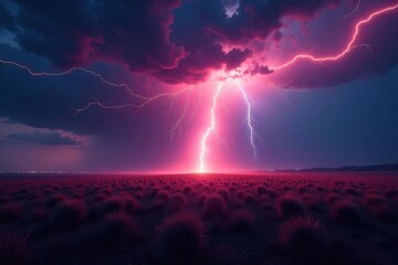 Split second flash, jagged lightning across field, weather, rural landscape, nature