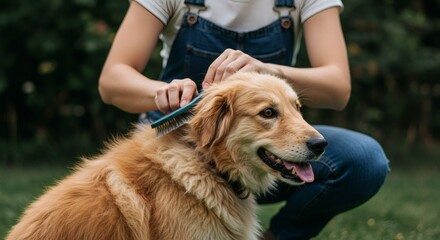 Naklejka na ściany i meble Dog grooming at home golden retriever getting brushed by owner pet care and maintenance tips for healthy coat