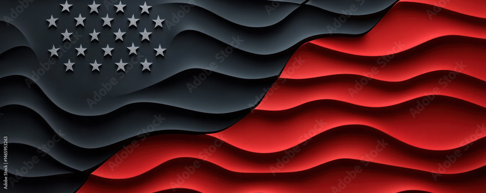 Poster a flag with stars and stripes is shown in a black and red color scheme. the flag is a representation