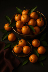 Fresh mandarin orange with green leaves on dark background