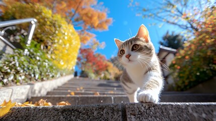 Cat Walking Down Steps in Autumn with Colorful Foliage