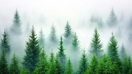 Fototapeta premium Misty Fog Rolling Through Pine Forest Landscape