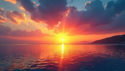 Fototapeta premium Vibrant sunset over calm sea, golden hour light, calm, light