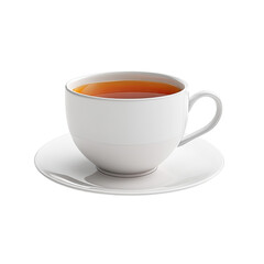 White teacup, full of amber tea, on saucer